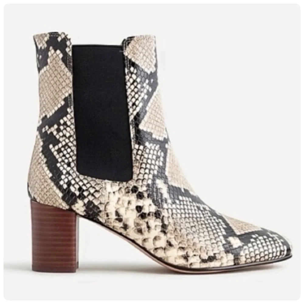 NIB J Crew Leather Willa Snake Embossed  Stacked-Heeled Boots size 6.5